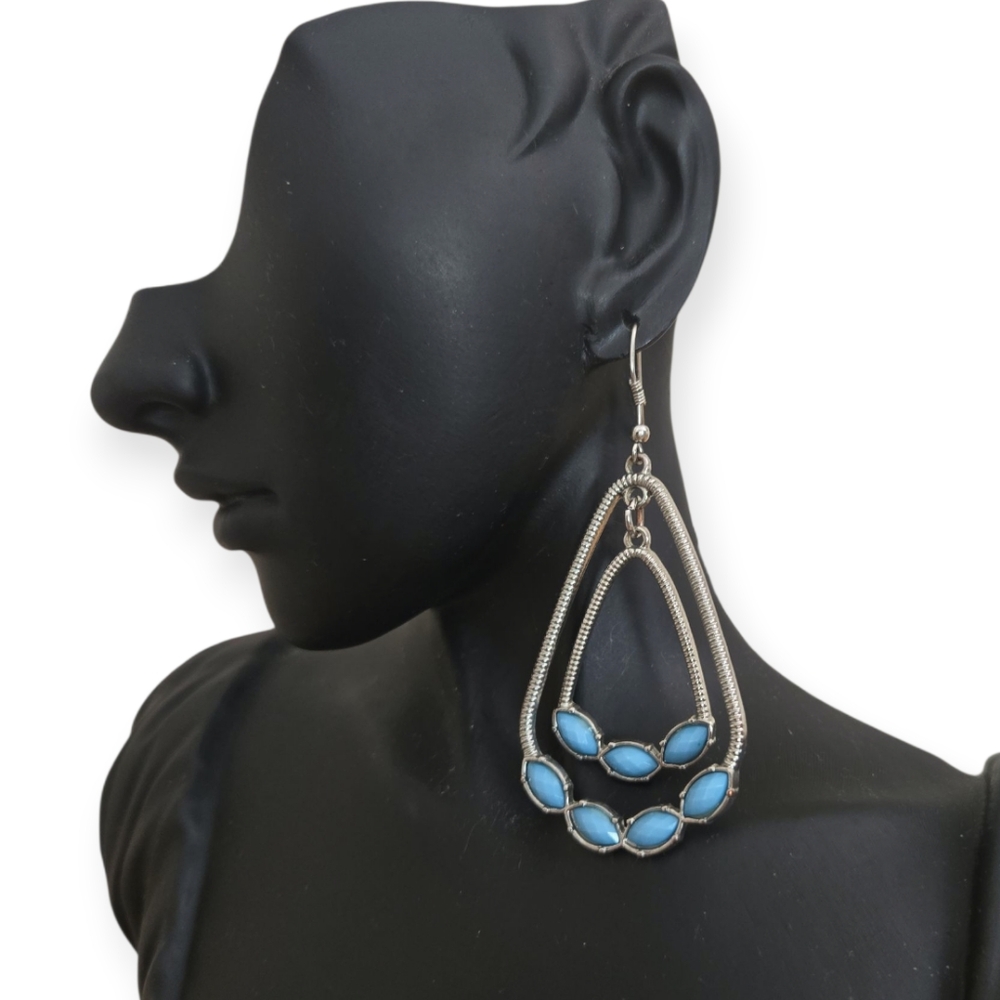 90s Double Tiered Silvertone Blue Cabochon Stone Pendulum Dangle Earrings